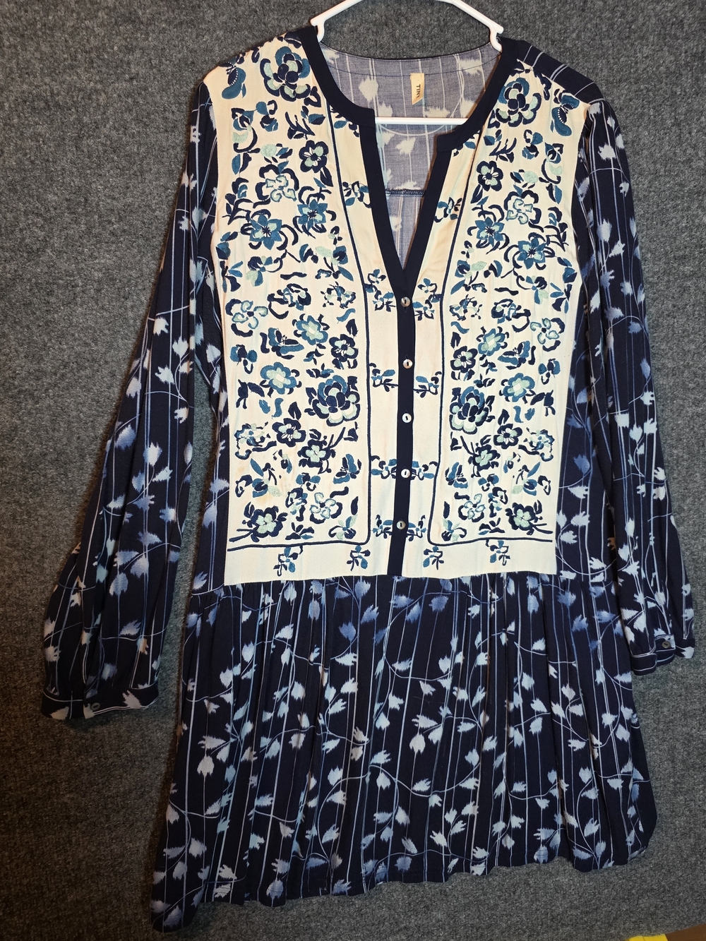 Tiny Anthropologie Mixed Print Tunic Dress Womens L Navy Floral Boho Mini Dress